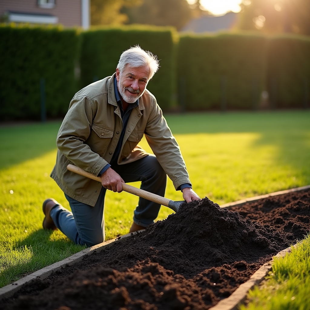 Landscaper spreading fresh mulch around garden bed plantings
