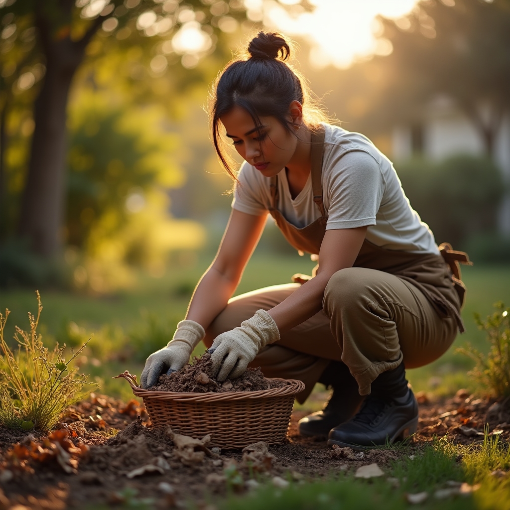Worker clearing debris from a garden bed during a seasonal cleanup