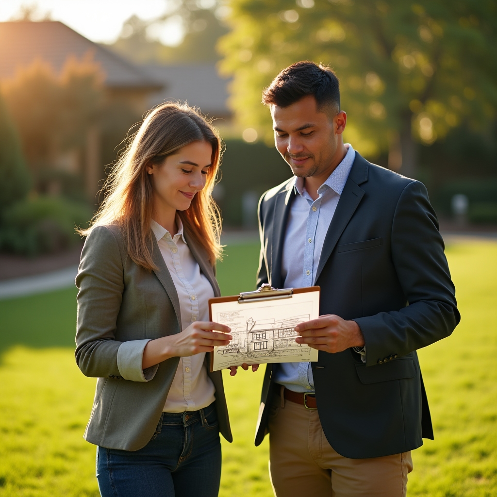 Two landscapers reviewing a property plan together outdoors